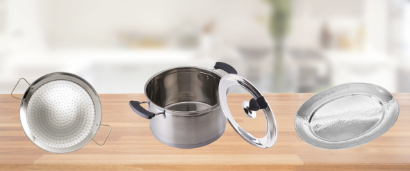 Stainless steel stock pots and hammered thalis