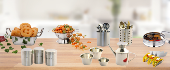 Stainless steel fries server, oil kettle, taco server and cutlery holders
