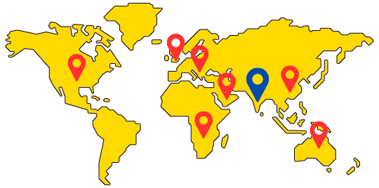 World map showing PP Impex India global export destinations — Europe, Middle East, East Asia